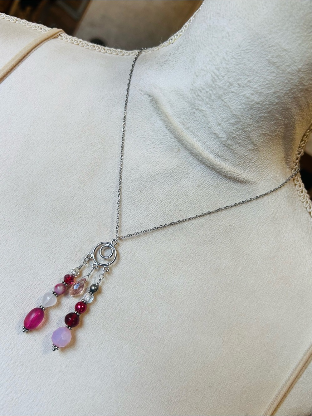 Handcrafted beaded drop pendant on chain necklace